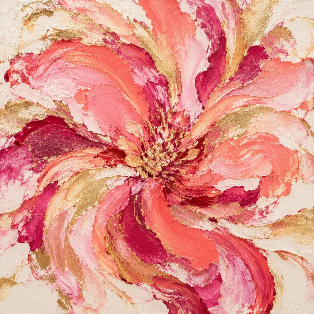 Bloom — square coral, magenta and gold abstract painting