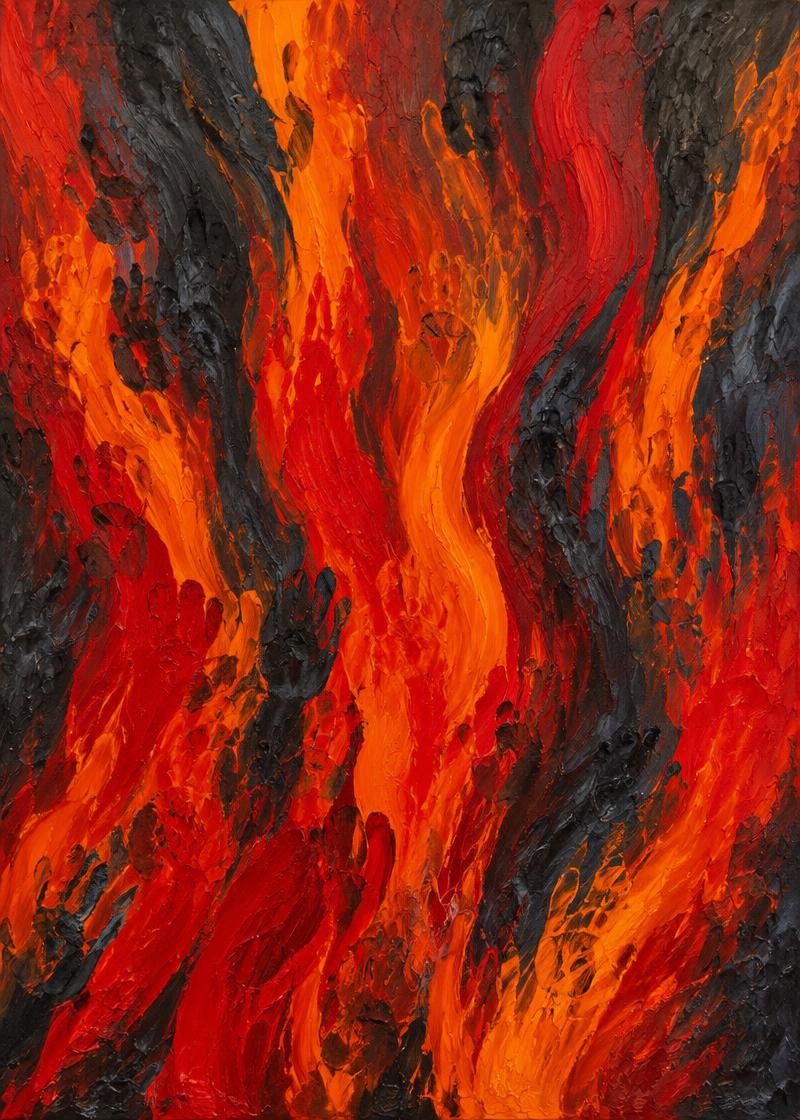 Ember — vertical red, orange and charcoal abstract painting