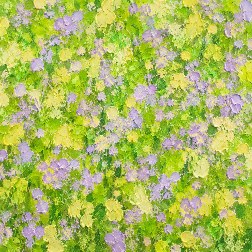 Meadow — square green, yellow and lilac abstract painting