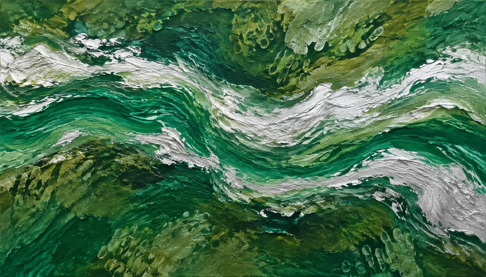 River — green and silver flowing abstract painting